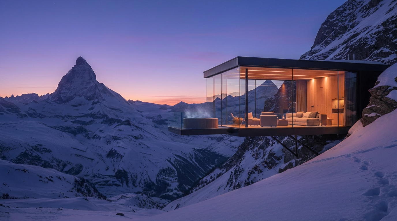 Snow-covered Swiss Alps glowing at dawn