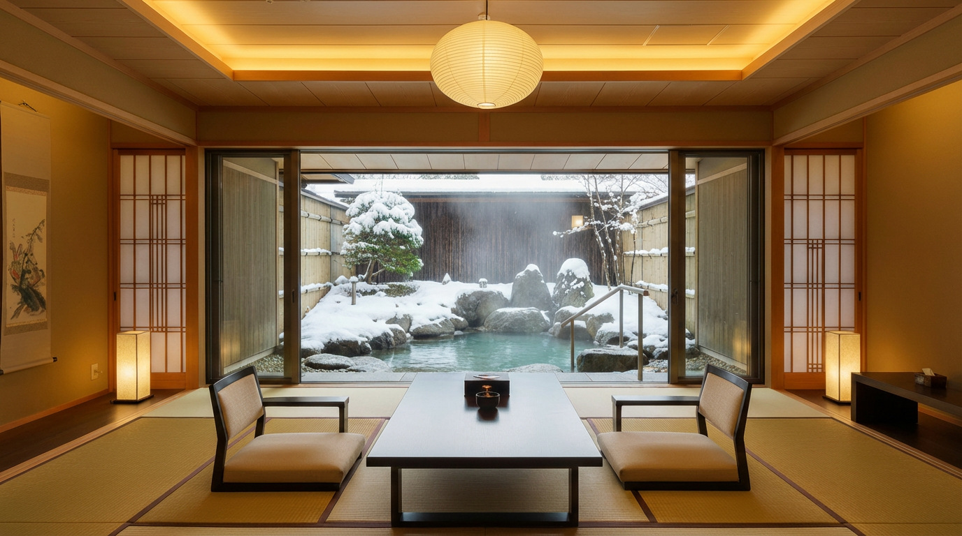 A ryokan room opening onto a snow-covered garden and a steaming hot spring
